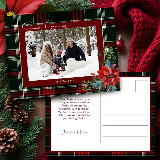 Cartes Pour Fêtes Annuelles Rustique Noël Plaid avec Poinsettia & Pine Photo