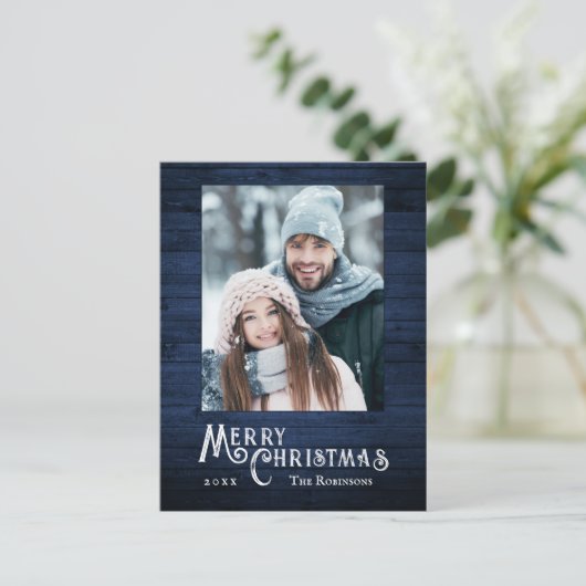 Cartes Pour Fêtes Annuelles Rustique Pays Style Photo Bleu Bois Planche Imprim (Debout devant)