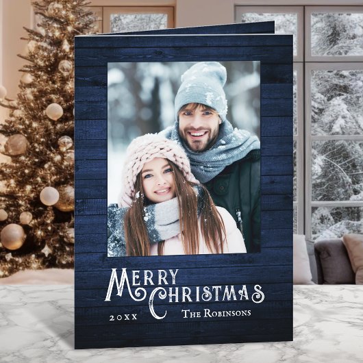 Cartes Pour Fêtes Annuelles Rustique Pays Style Photo Bleu Bois Planche Imprim