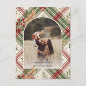 Cartes Pour Fêtes Annuelles Rustique rouge vert plaid avec Holly Arch 1 photo (Devant)