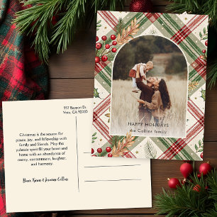 Cartes Pour Fêtes Annuelles Rustique rouge vert plaid avec Holly Arch 1 photo