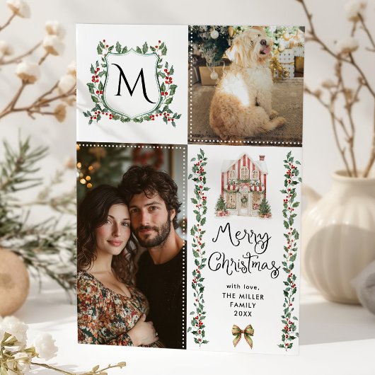 Cartes Pour Fêtes Annuelles Rustique verdure Monogram Bow Joyeux Noël Photo