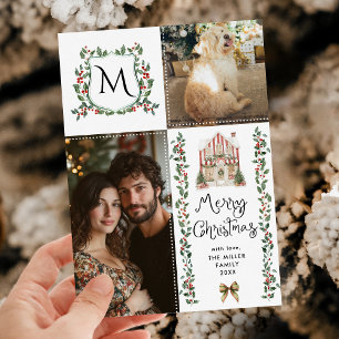 Cartes Pour Fêtes Annuelles Rustique verdure Monogram Bow Joyeux Noël Photo