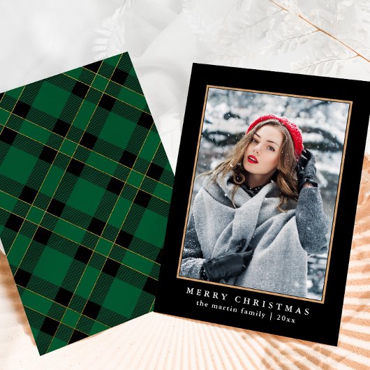 Cartes Pour Fêtes Annuelles Rustique Vert Plaid avec Faux Gold Photo Noël