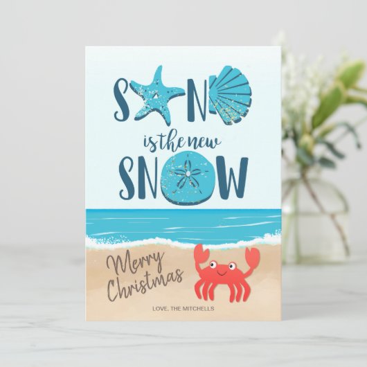 Cartes Pour Fêtes Annuelles Sable Snow Seashell Beach Crabe côtier Noël (Debout devant)