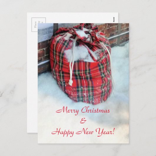 Cartes Pour Fêtes Annuelles Sac du Père Noël dans la neige (Devant / Derrière)