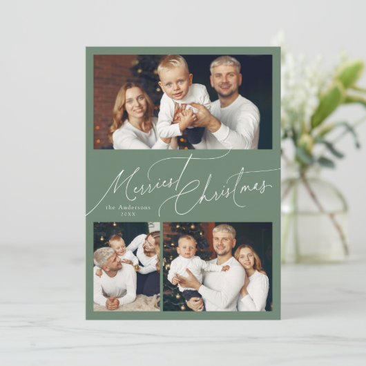 Cartes Pour Fêtes Annuelles Sage Elegant Script Merry Christmas Family 3 Photo (Debout devant)