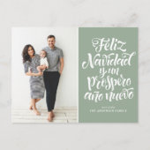 Cartes Pour Fêtes Annuelles Sage Green Feliz Navidad Script Photo de Noël (Devant)