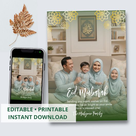Cartes Pour Fêtes Annuelles Sage Green Or Mandala Géométrique Photo Eid