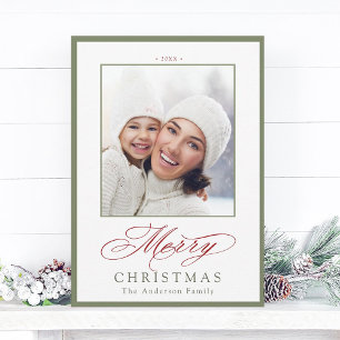 Cartes Pour Fêtes Annuelles Sage Green & Red Chic Joyeux Noël Photo