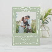 Cartes Pour Fêtes Annuelles Sage Green Rustique Bow Noël 4 Photo Famille (Debout devant)