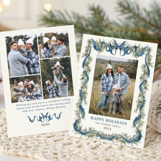 Cartes Pour Fêtes Annuelles Sage Green Stripped Blue Bow Christmas 5 Photo