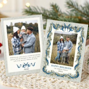 Cartes Pour Fêtes Annuelles Sage Vert Rayé Bleu Noeud Christmas 2 Photo