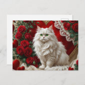 Cartes Pour Fêtes Annuelles Saint Valentin Chat perse blanc avec Rose (Devant / Derrière)