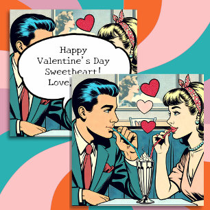Cartes Pour Fêtes Annuelles Saint-Valentin Milkshakes Retro Couple Boire