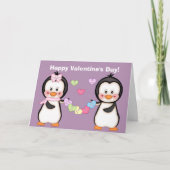 Cartes Pour Fêtes Annuelles Saint Valentin Penguin et Coeurs (Devant)