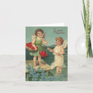 Cartes Pour Fêtes Annuelles Saint-Valentin vintage, Angels Pêcher les coeurs