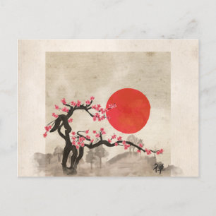 Cartes Pour Fêtes Annuelles Sakura Blossom Paysage Hiéroglyphe Zen