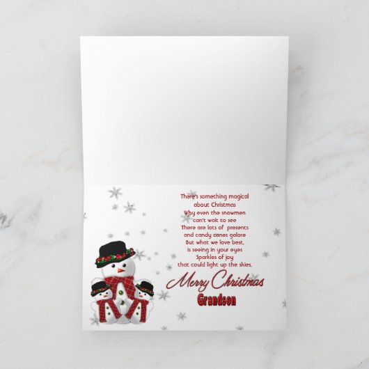 Cartes Pour Fêtes Annuelles Salutation de Noël Snowman - Grand-fils (Intérieur)