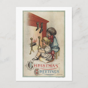 Cartes Pour Fêtes Annuelles Salutation de NoëlPetites filles par cheminée