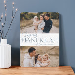 Cartes Pour Fêtes Annuelles Salutation festive | 2 Photo Joyous Hanoukka<br><div class="desc">Notre design festif et élégant de carte Hanoukka est la façon parfaite de montrer deux de vos photos de famille préférées. Design caractéristiques "Joyous Hanoukka" en ardoise poussiéreuse typographie serif bleu et écriture manuscrite,  avec votre nom de famille. Les cartes retournent à un motif étoilé blanc.</div>