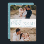 Cartes Pour Fêtes Annuelles Salutation festive | 2 Photo Joyous Hanoukka<br><div class="desc">Notre design festif et élégant de carte Hanoukka est la façon parfaite de montrer deux de vos photos de famille préférées. Design caractéristiques "Joyous Hanoukka" dans la turquoise de la typographie serif douce et écriture manuscrite,  avec votre nom de famille. Les cartes retournent à un motif étoilé blanc.</div>