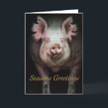 Cartes Pour Fêtes Annuelles Salutations Piggy<br><div class="desc">Un cochon qui sort d'une grange sombre,  avec des "Joyeuses Fêtes" écrits sous son visage</div>