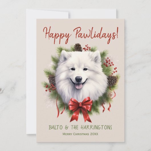 Cartes Pour Fêtes Annuelles Samoyé Chien Noël Joyeux Pawlidays Howlidays (Devant)
