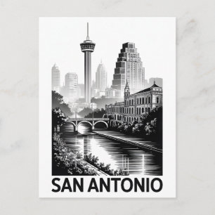 Cartes Pour Fêtes Annuelles San Antonio Texas Skyline Noir et Blanc Gravure su