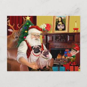 Cartes Pour Fêtes Annuelles Santa à la maison - Pugs (deux)