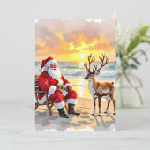 Cartes Pour Fêtes Annuelles Santa and Reindeer at Beach Personalized Christmas (Debout devant)