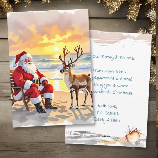 Cartes Pour Fêtes Annuelles Santa and Reindeer at Beach Personalized Christmas