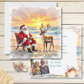 Cartes Pour Fêtes Annuelles Santa and Reindeer at Beach Personalized Christmas