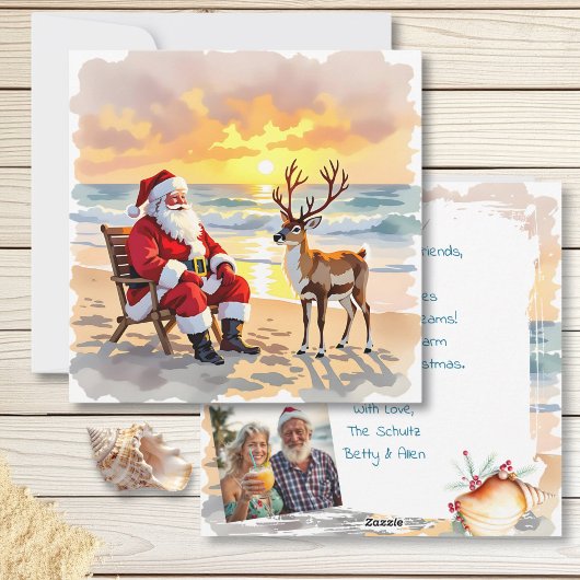 Cartes Pour Fêtes Annuelles Santa and Reindeer at Beach Personalized Christmas