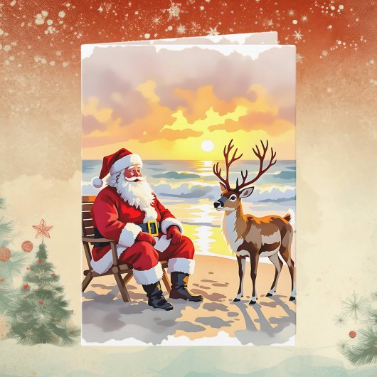 Cartes Pour Fêtes Annuelles Santa and Reindeer at Beach Personalized Christmas