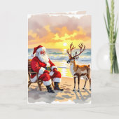 Cartes Pour Fêtes Annuelles Santa and Reindeer at Beach Personalized Christmas (Devant)
