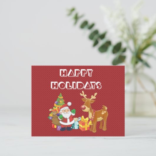 Cartes Pour Fêtes Annuelles Santa and Reindeer par Christmas Tree with Present (Debout devant)