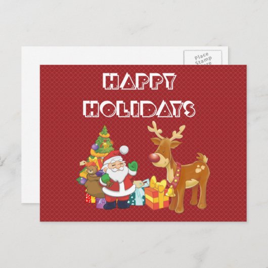 Cartes Pour Fêtes Annuelles Santa and Reindeer par Christmas Tree with Present (Devant / Derrière)