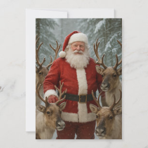 Cartes Pour Fêtes Annuelles santa claus avec rennes et bois neigeux