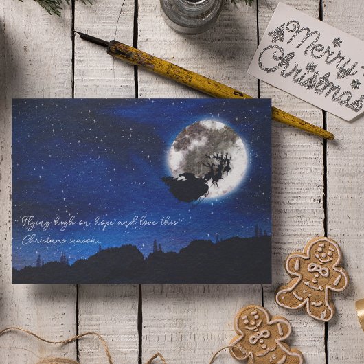 Cartes Pour Fêtes Annuelles Santa Claus De Nuit Starry Volant Avec Reindeer