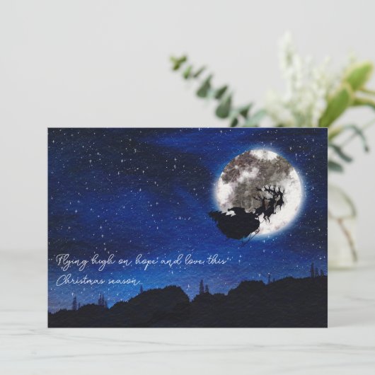 Cartes Pour Fêtes Annuelles Santa Claus De Nuit Starry Volant Avec Reindeer (Debout devant)