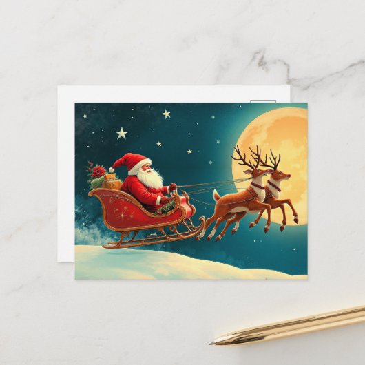 Cartes Pour Fêtes Annuelles Santa Claus in Sleigh (Devant/Arrière en situation)
