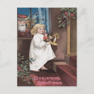 Cartes Pour Fêtes Annuelles Santa Claus Joli Petit Jouets Fille Holly