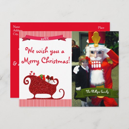 Cartes Pour Fêtes Annuelles Santa Claus Red Parties scintillant Sleigh Photo c (Devant / Derrière)