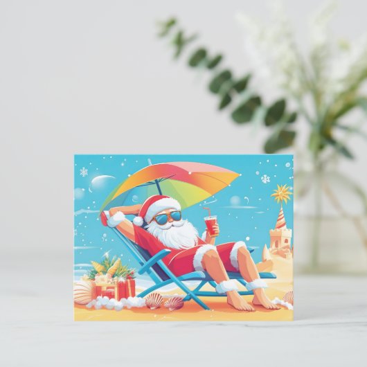 Cartes Pour Fêtes Annuelles Santa Claus Se détendre sur une plage tropicale (Debout devant)