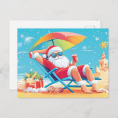 Cartes Pour Fêtes Annuelles Santa Claus Se détendre sur une plage tropicale (Devant / Derrière)