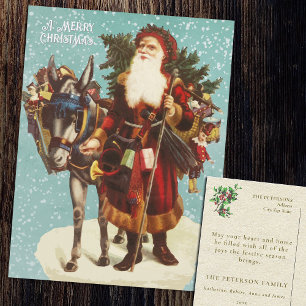 Cartes Pour Fêtes Annuelles Santa Claus vintage avec jouets d'arbre à ânes