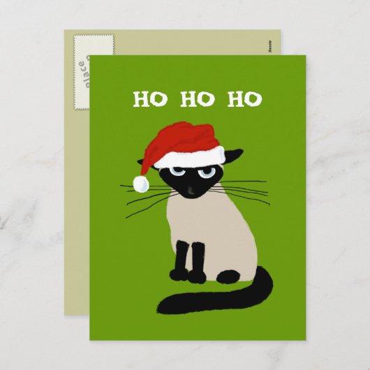 Cartes Pour Fêtes Annuelles Santa Clause de Siamese - Funny Kitty Chat Noël (Devant / Derrière)