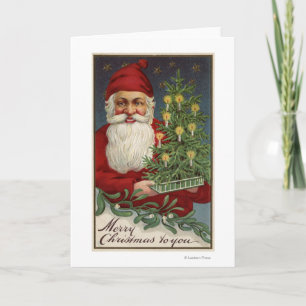 Cartes Pour Fêtes Annuelles Santa Holding a Candlelit Tree