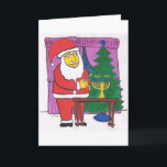 Cartes Pour Fêtes Annuelles Santa Lighting<br><div class="desc">Interfaith greeting card featuring Santa Lighting a Hanukkah Menorah,  sur le front de Christmas Tree.</div>
